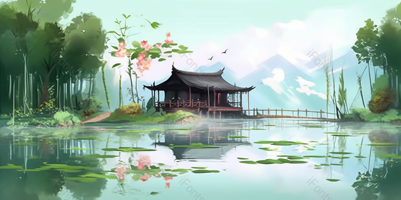 绿色自然树林节气山水荷花插画背景,插画/手绘图,插画/手绘图库,插画/手绘图下载,插画/手绘